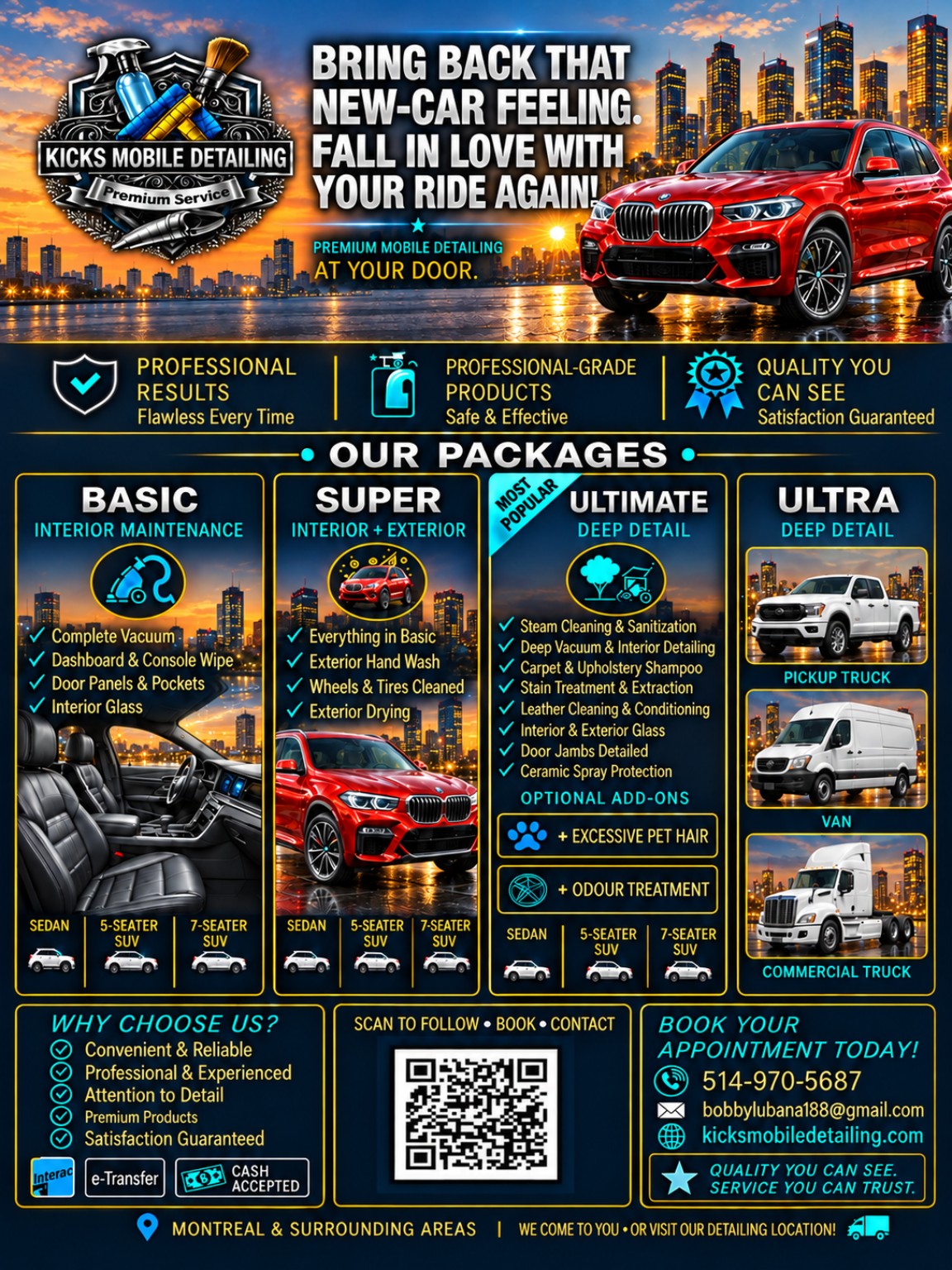 KICKS Mobile Detailing service poster with packages and contact details